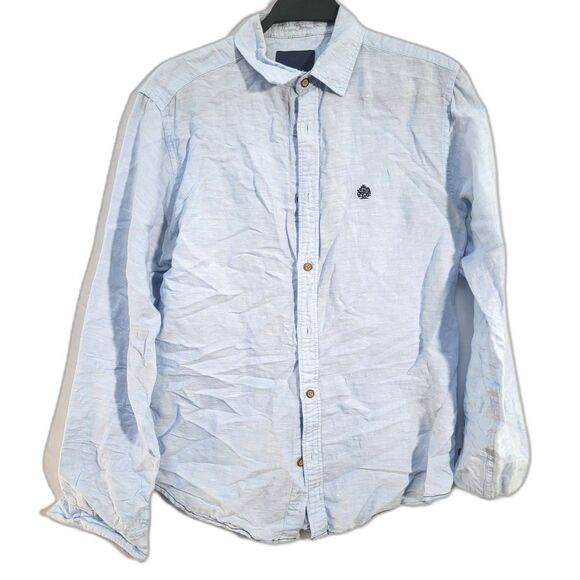 SpringField Linen Cotton Blend Light Blue Long Sleeve Button Down Collar Shirt S - Picture 2 of 10